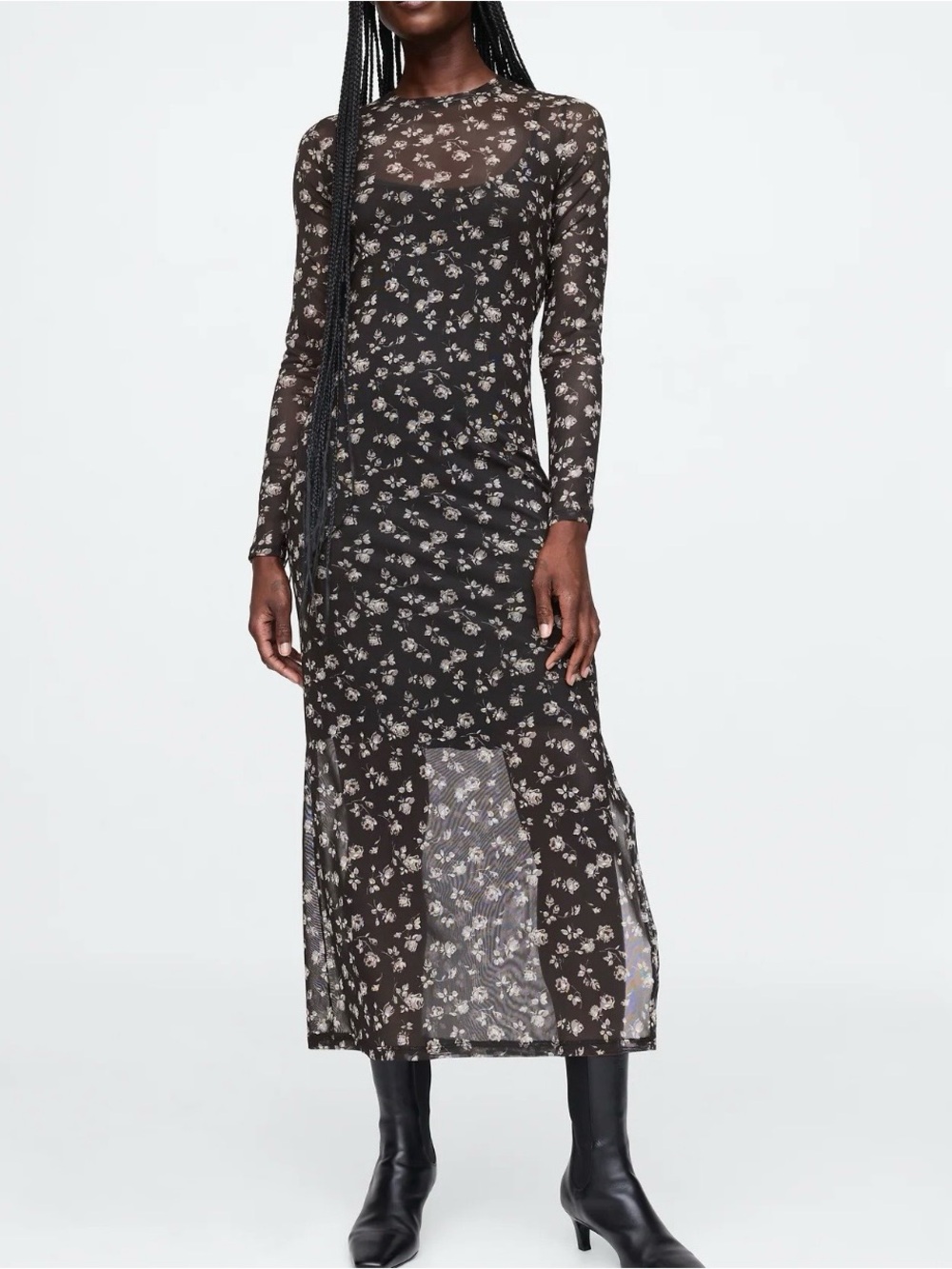 GAP Black Sheer Floral Mesh Long Sleeve Dress